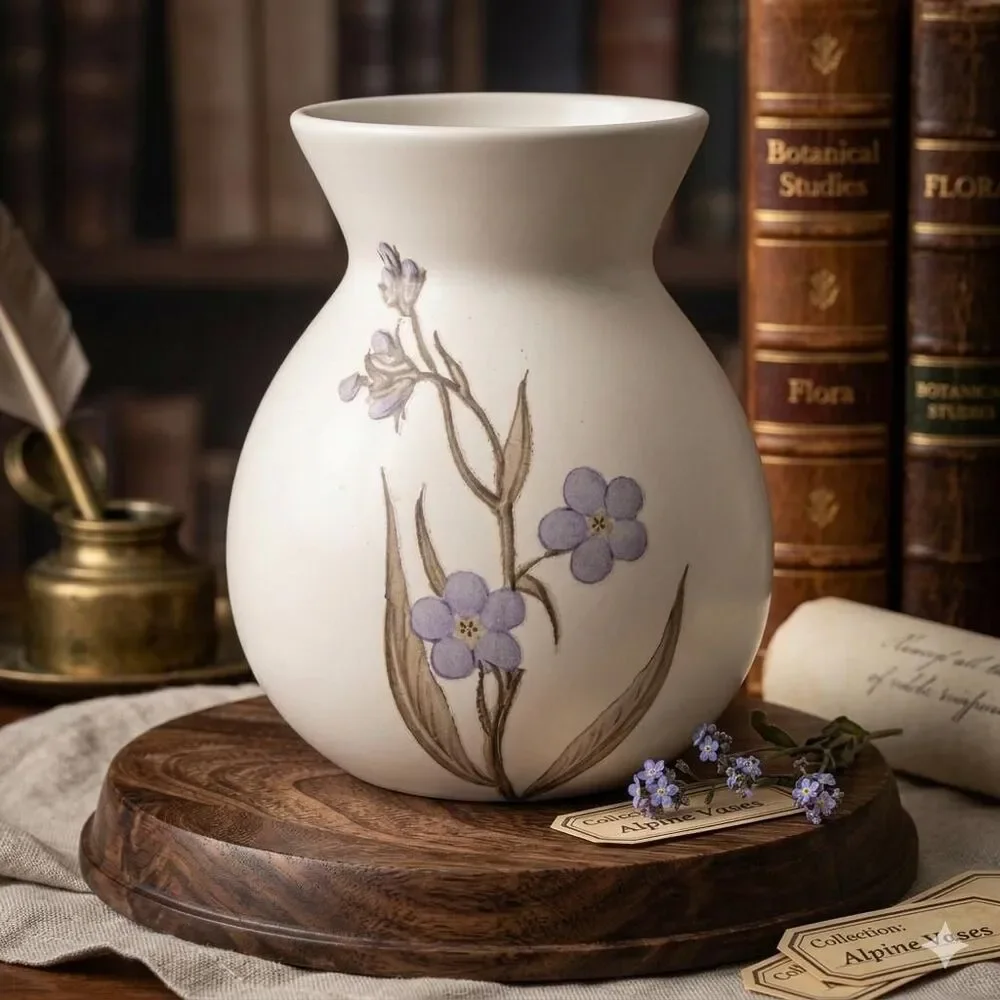 Modern Ivory & Blue Floral Vase - Upcycled Matte Ceramic with Botanical Transfer